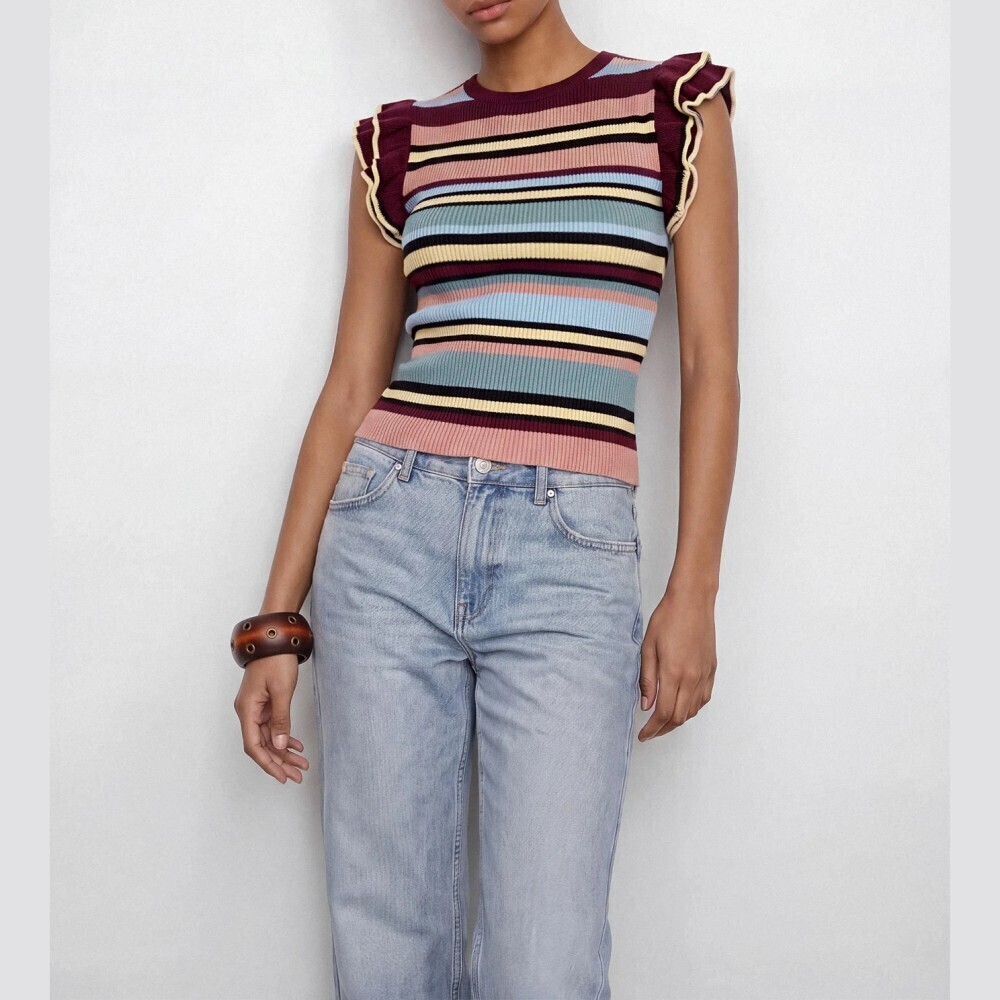 Multicolor Striped Ribbed Knit Ruffle Sleeve Top - Picture 6 of 9